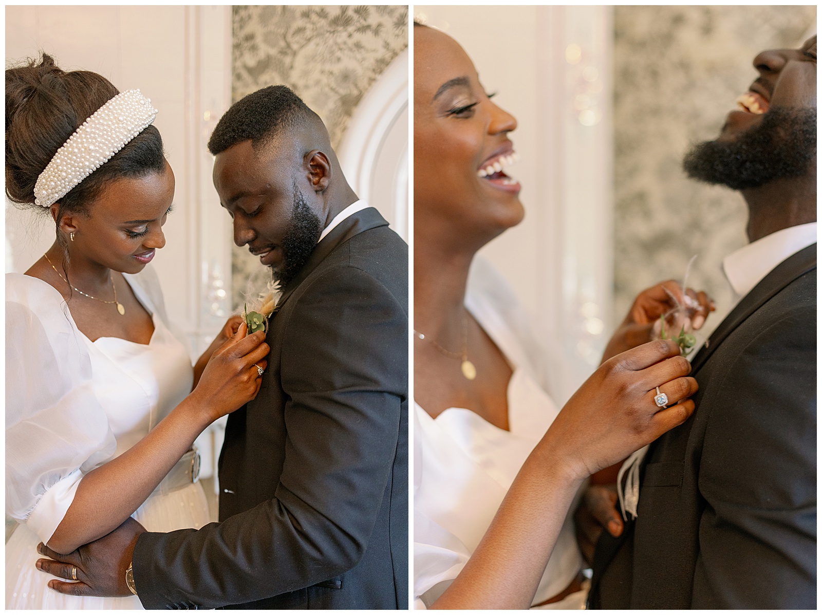 Bride helps groom attach button holder flower