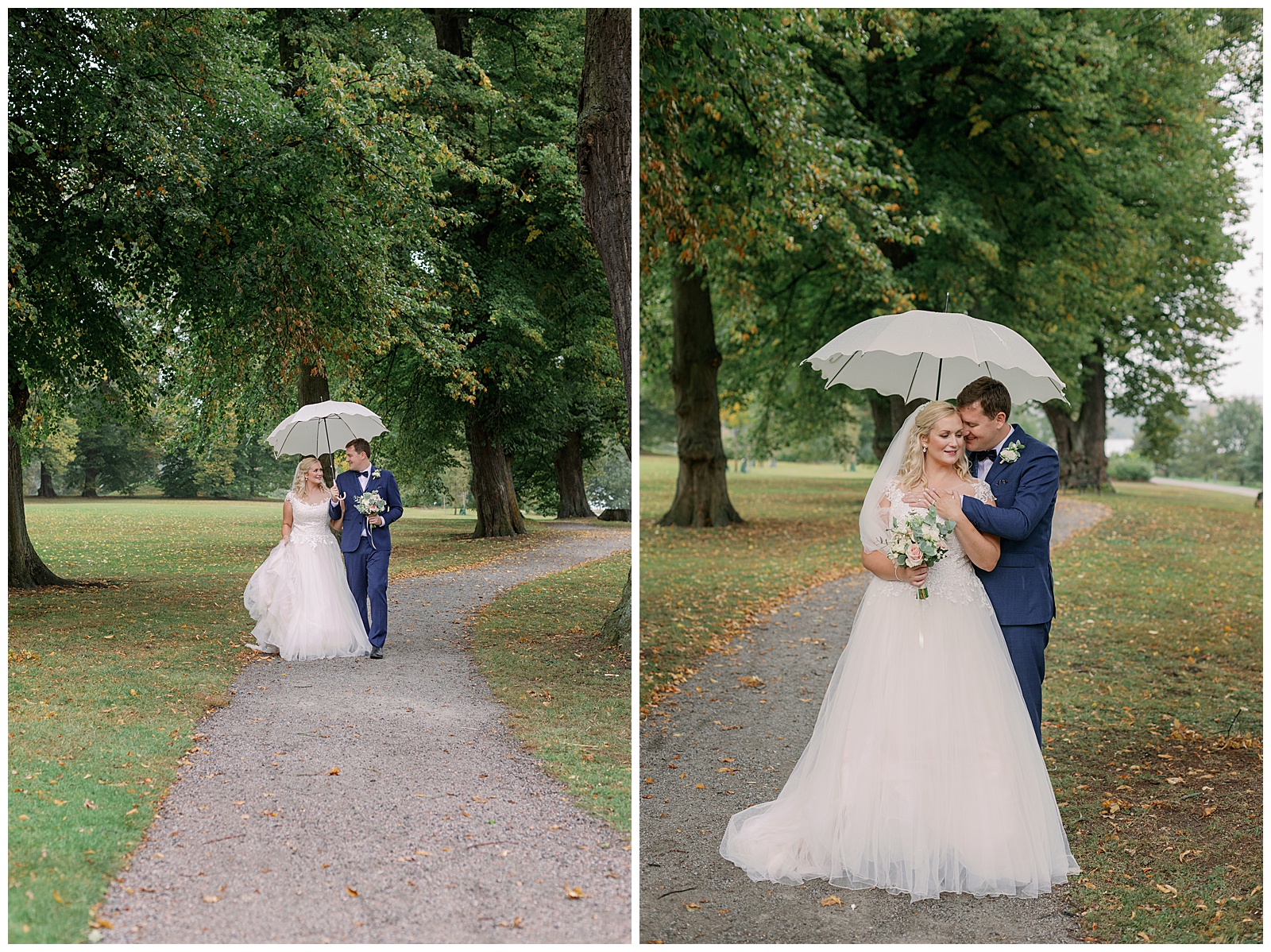 Brudpar på bröllopsdagen i regn under paraply