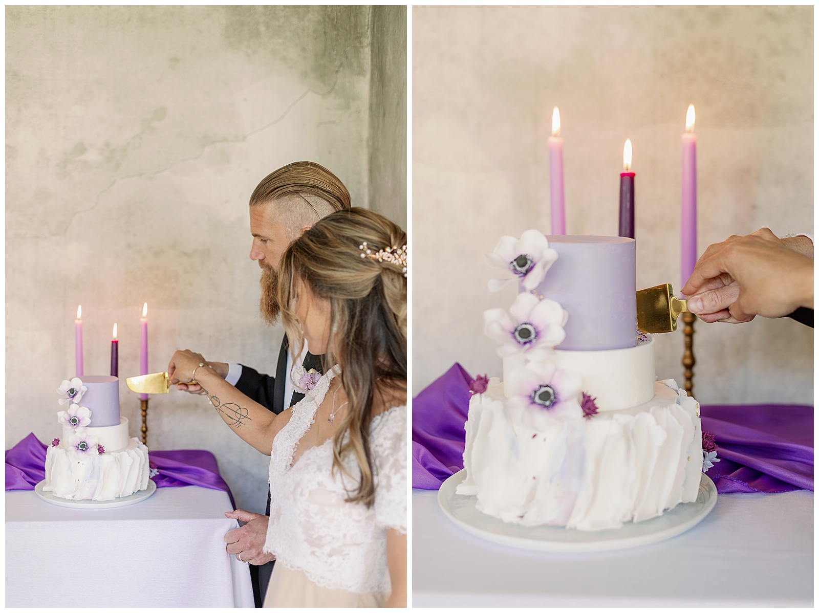 Bröllopstårta i lila och vit