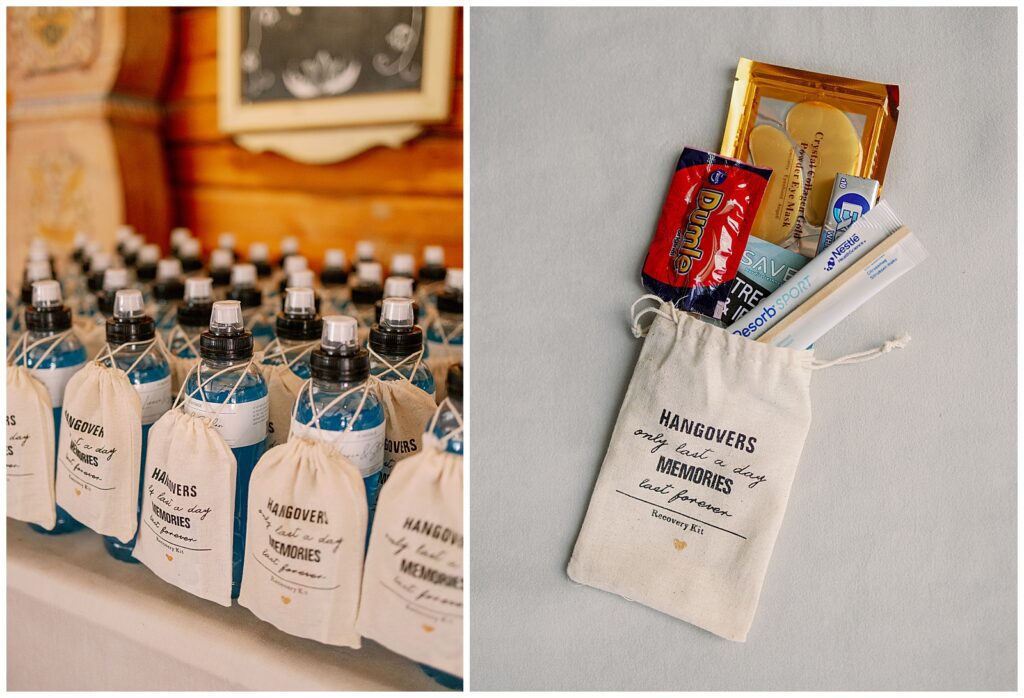 Välkomstpresenter till bröllopsgäster på Green Hotel i Tällberg, med personliga detaljer | Wedding welcome gifts for guests at Green Hotel in Tällberg, featuring thoughtful and personal details Detaljbild av bröllopsgåva till gästerna med recovery kit, förberett inför festen | Detail photo of wedding guest favors with recovery kits, prepared for the celebration