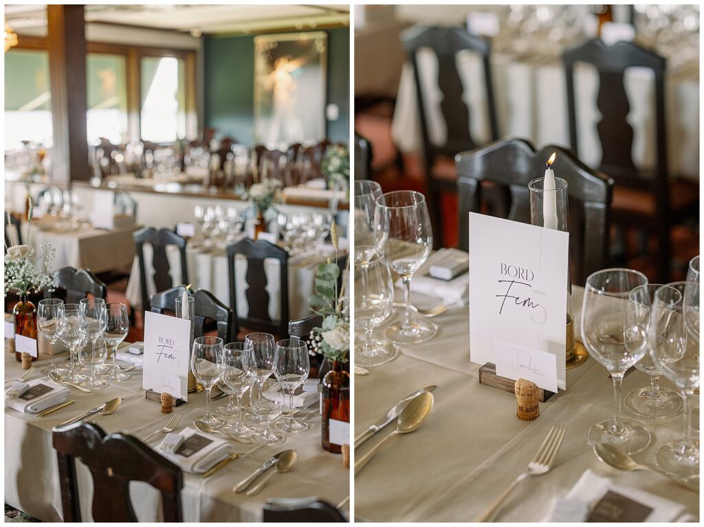 Detalj av dukat bröllopsbord med bordsnummer, ljus och vinglas på Green Hotel i Tällberg, Dalarna. / Close-up of a set wedding table with table number, candle and wine glasses at Green Hotel in Tällberg, Dalarna.