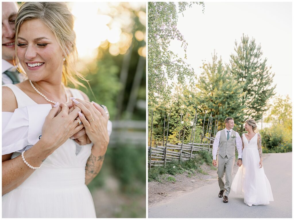 Närbild på bruden som håller händerna mot bröstet och ler mjukt i kvällsljuset, tillsammans med ett bredare porträtt där brudparet promenerar hand i hand längs en lugn väg i Tällberg, omgivna av grönska och traditionell gärdsgård. Golden hour-porträtt fotograferade vid Green Hotel i Tällberg av bröllopsfotograf i Dalarna. Close-up portrait of the bride holding her hands to her chest and smiling softly in the evening light, paired with a wider image of the couple walking hand in hand along a quiet road in Tällberg, surrounded by greenery and traditional wooden fencing. Golden hour wedding portraits photographed at Green Hotel in Tällberg by a wedding photographer in Dalarna.