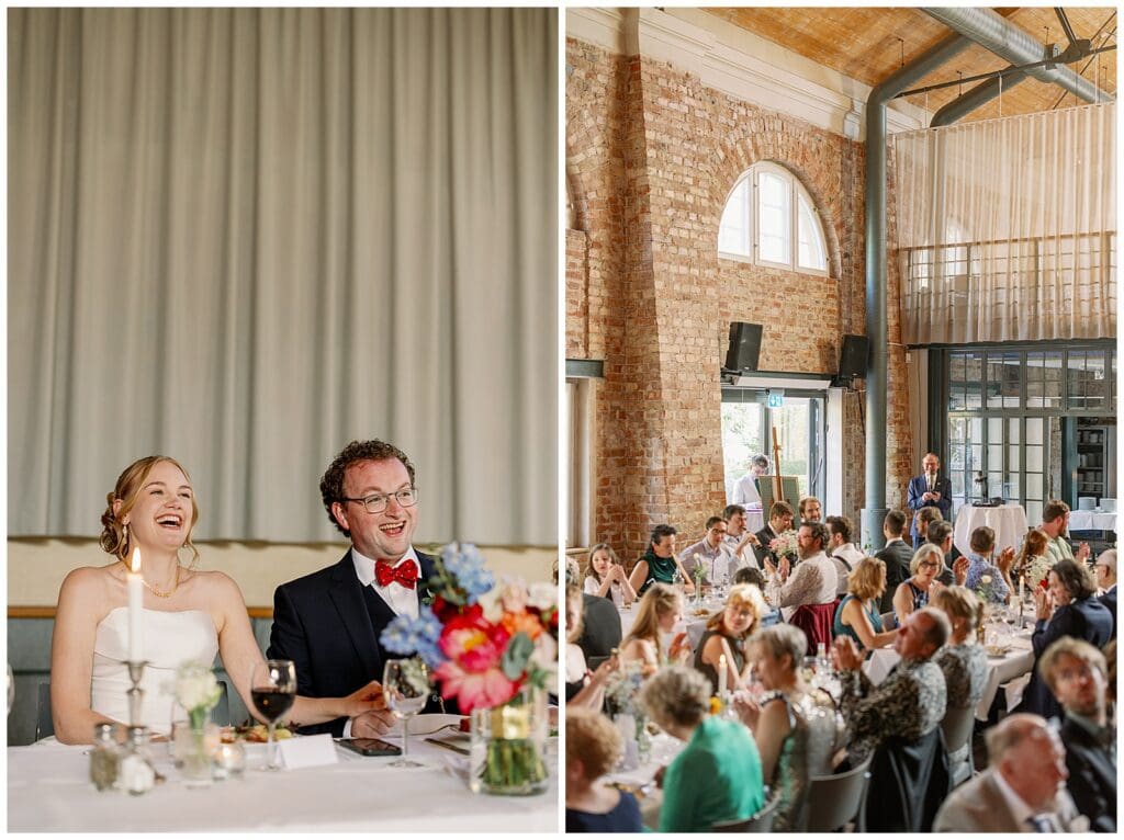 Brudpar och gäster under middag och tal på Sven Dufva