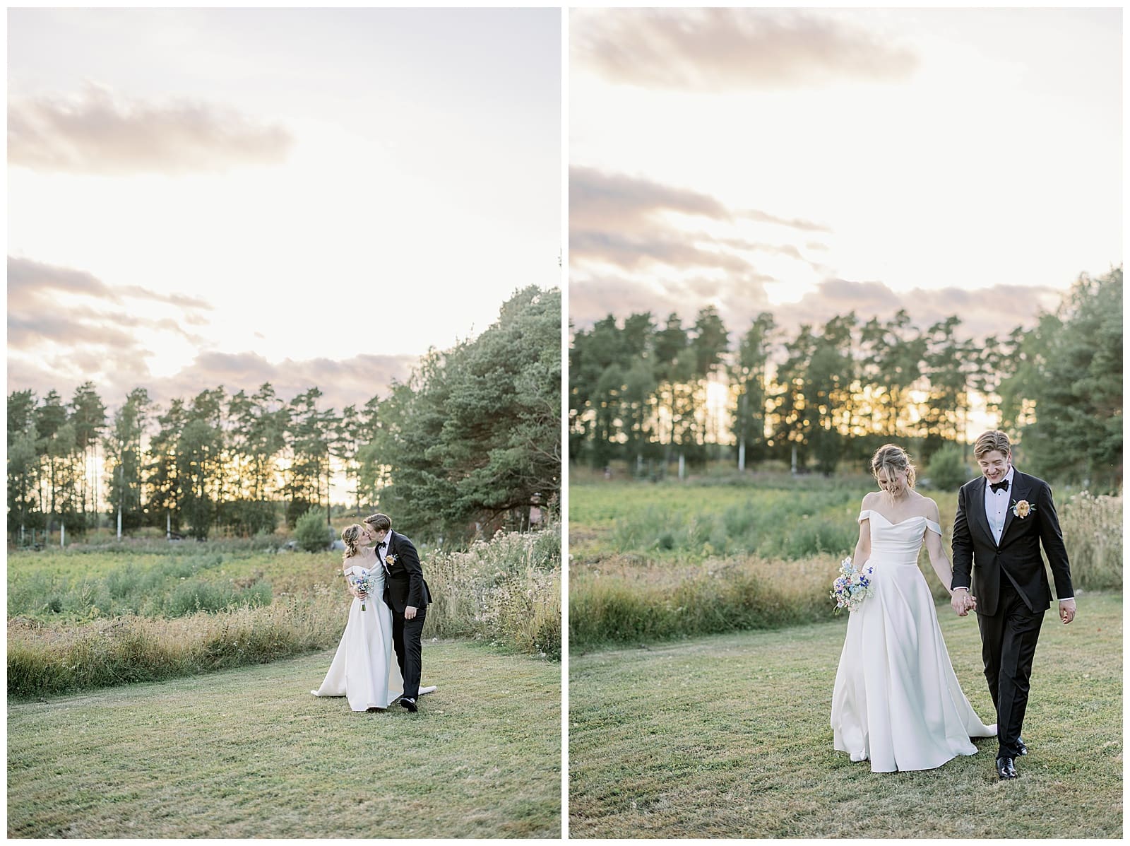 Brudpar fotograferat i kvällsljuset på Ulfsby gård på Åland.